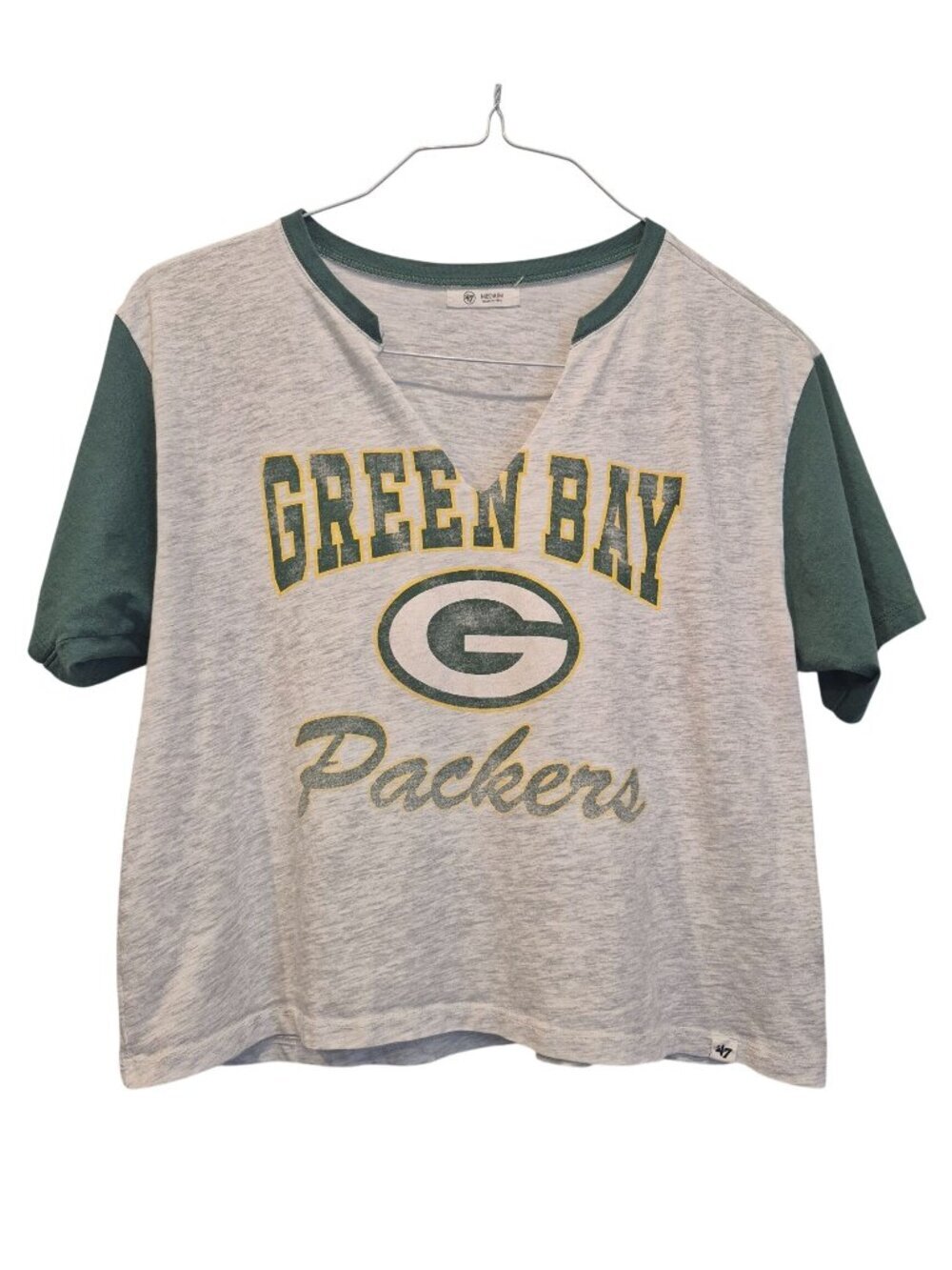 Green Bay Packers V-Neck Shirt '47 Gray Green Colorblock Cotton Blend Womens Med